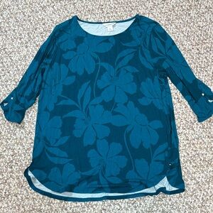 Liz Claiborne Teal Floral Roll-Tab Sleeve Tunic